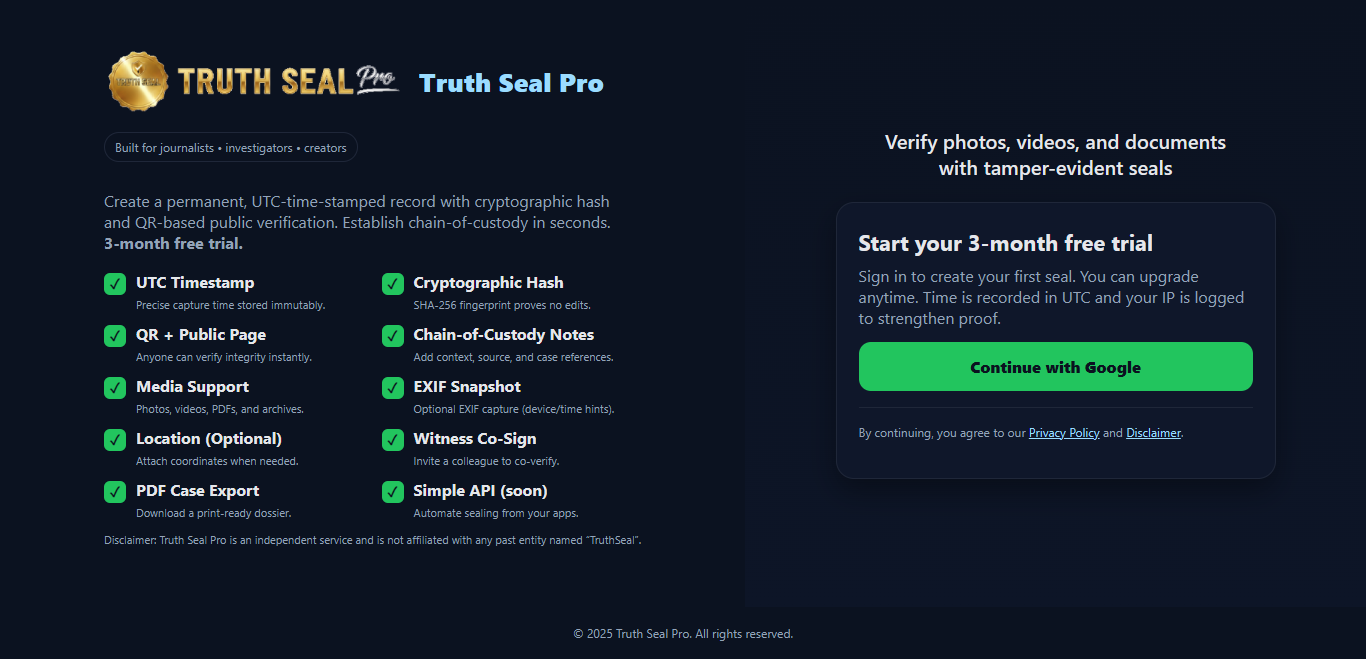 TruthSeal - Digital Proof & Timestamp Tool